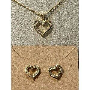 Goldtone Vtg Clear Rhinestone Heart Necklace Earrings Jewelry Set Romantic Fairy